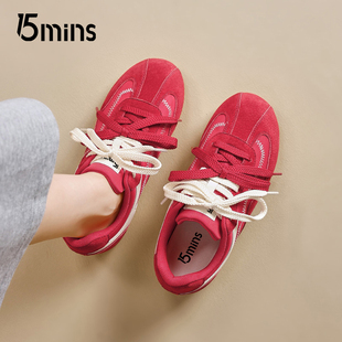 15mins红色运动芭蕾德训鞋女款2025新款秋季明星同款鞋休闲板鞋子