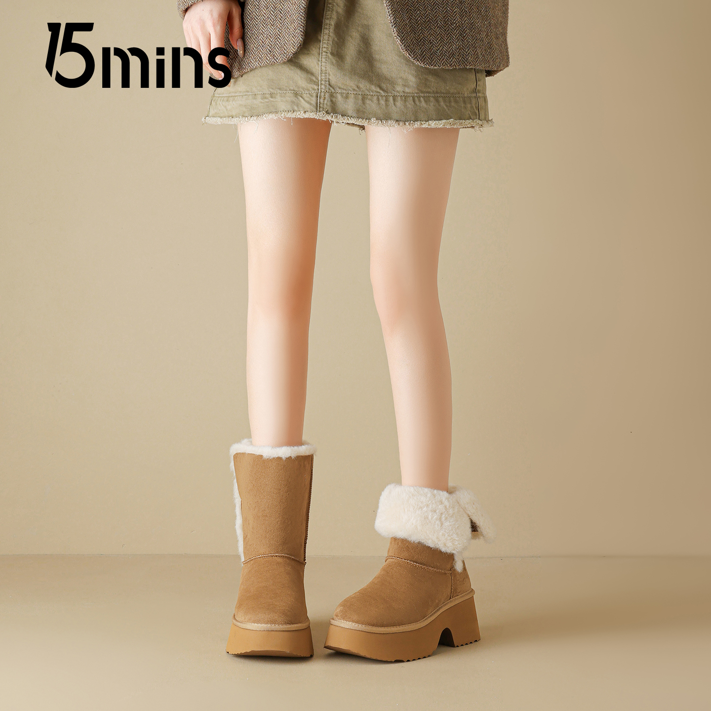 15mins翻折两穿加绒厚底雪地靴女