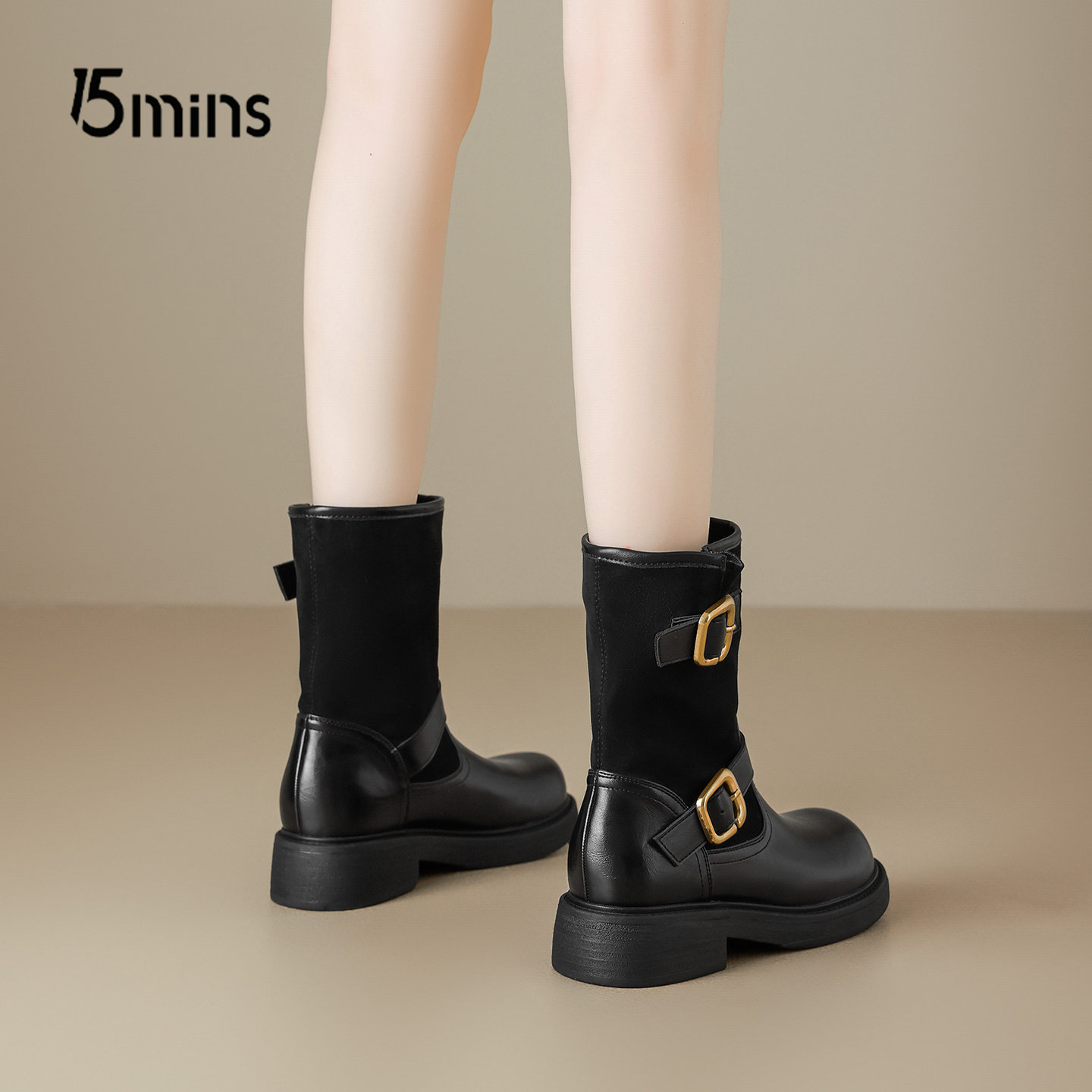 15mins英伦风牛仔短靴女2025新款秋季皮带扣时装短靴粗跟黑色靴子,女鞋,时装靴,淘宝优惠券,粉丝福利购,淘宝优惠卷