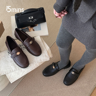 15mins英伦风乐福鞋女2026新款春季皮带扣小皮鞋复古黑色深口单鞋