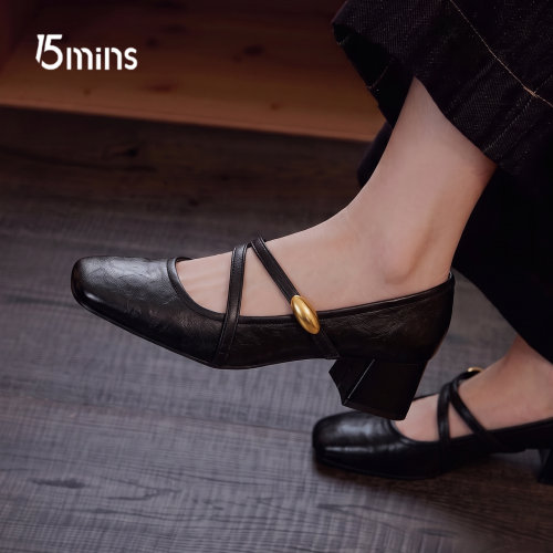 15mins法式一字带玛丽珍女鞋黑色