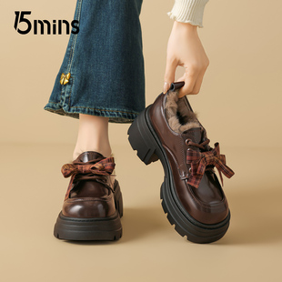 15mins厚底加绒乐福鞋女2026冬季百搭JK小皮鞋蝴蝶结保暖增高女鞋