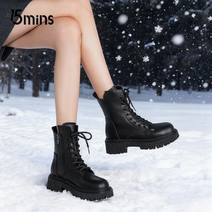 15mins黑色马丁靴女款 皮靴厚底炸街英伦风增高靴子女短靴 2025秋季
