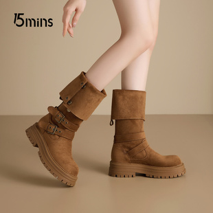 15mins两穿堆堆靴子女2025新款 骑士靴厚底长筒靴美拉德短靴 秋冬季