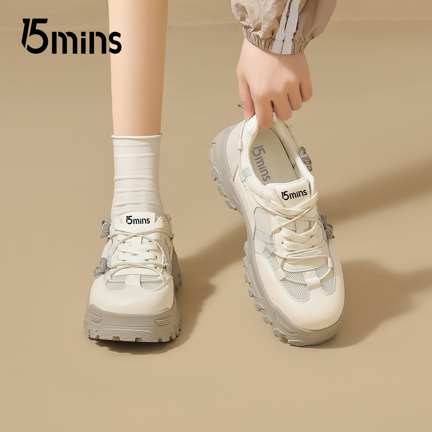 15mins增高户外鞋女2026年春季新款蝴蝶结配饰休闲轻便透气运动鞋,女鞋,时尚休闲鞋,淘宝优惠券,粉丝福利购,淘宝优惠卷