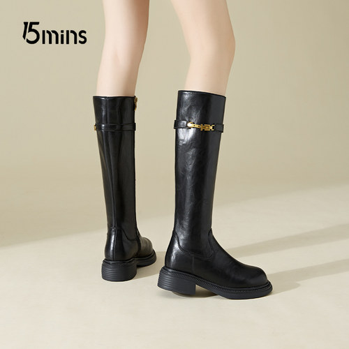 15mins粗跟显瘦骑士靴女复古长靴