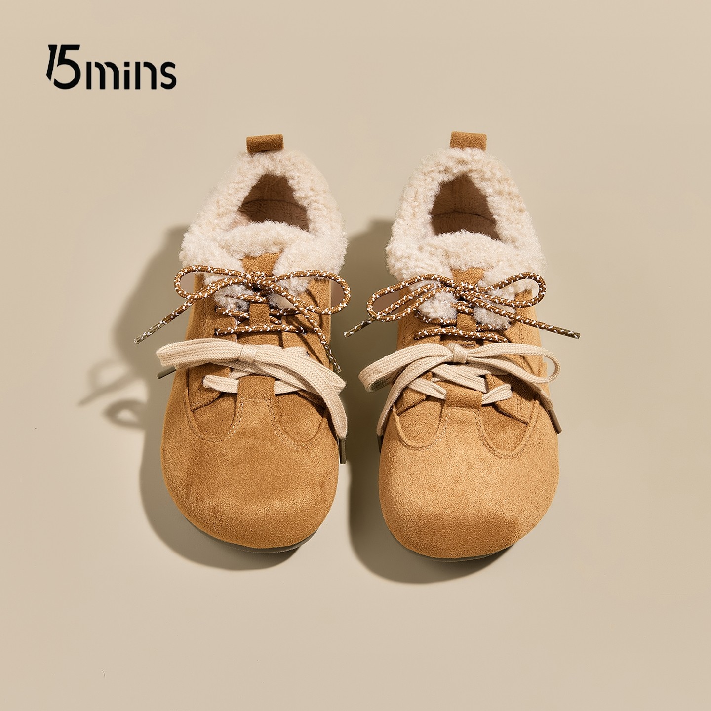 15mins系带毛毛鞋女2025新款冬季加绒保暖平底勃肯雪地靴百搭棉鞋