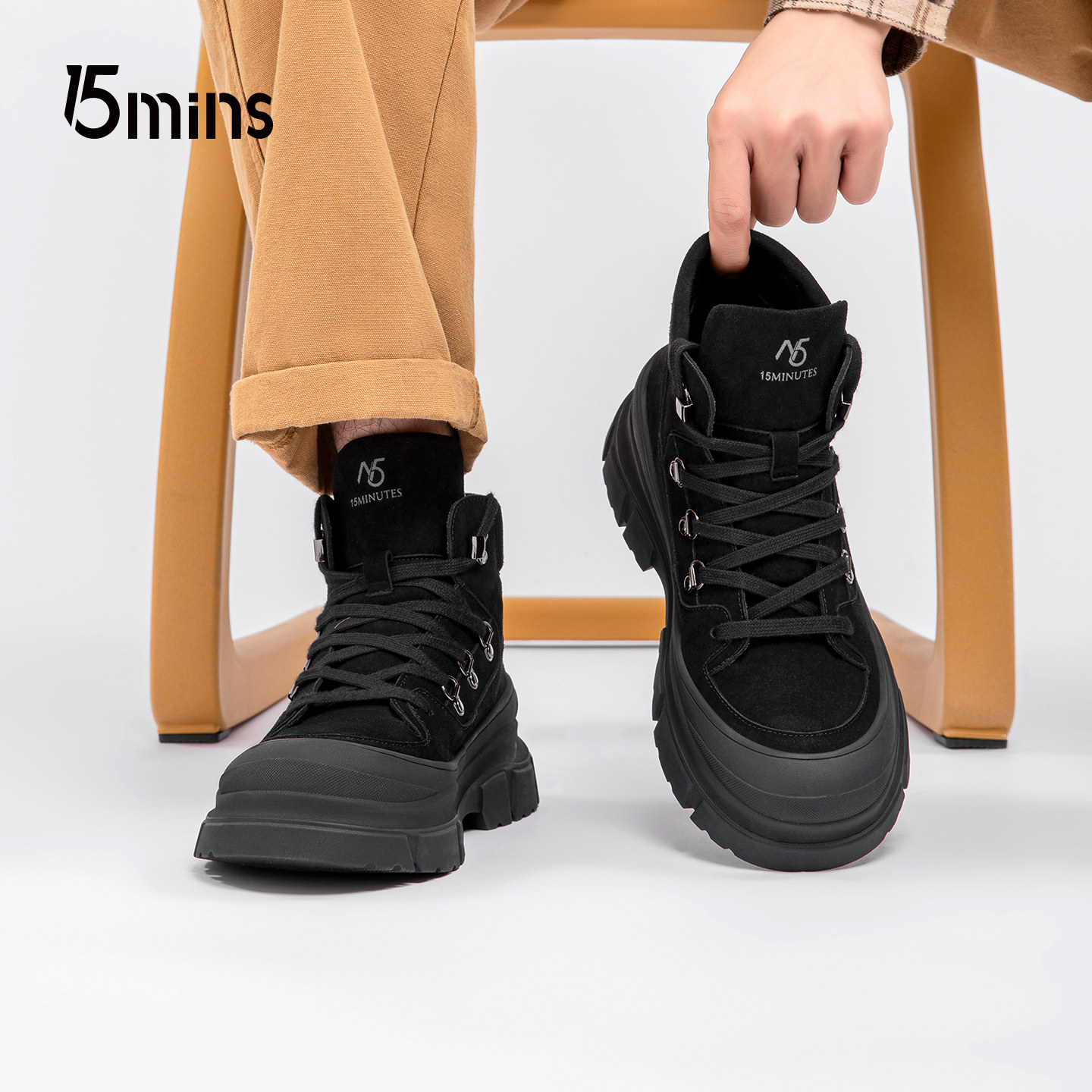 15mins黑色马丁靴2025冬季新款厚底增高系带防滑时尚男女款短靴子