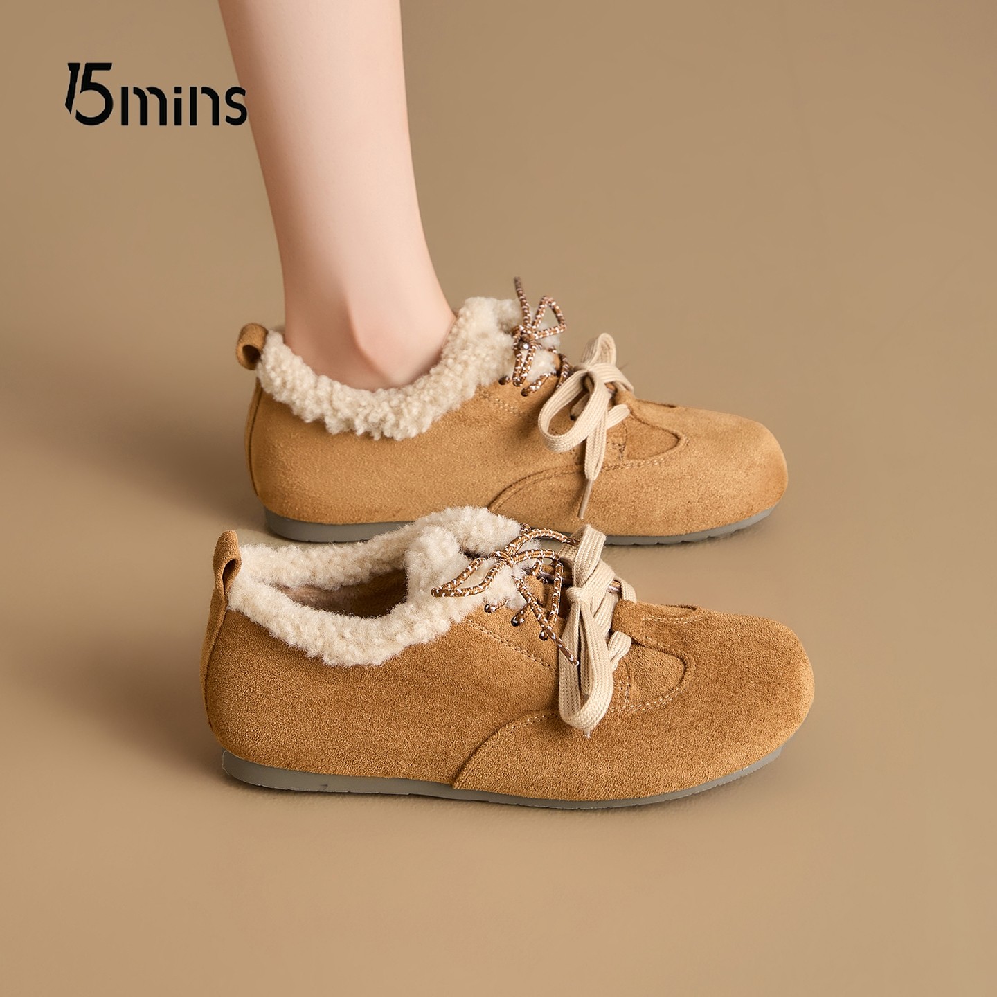 15mins系带勃肯毛毛鞋女2025新款秋冬加绒保暖雪地靴平底复古棉鞋,女鞋,时尚雪地靴,淘宝优惠券,粉丝福利购,淘宝优惠卷