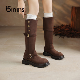 15mins复古风棕色皮带扣高筒靴女厚底长筒靴2026正流行新款骑士靴