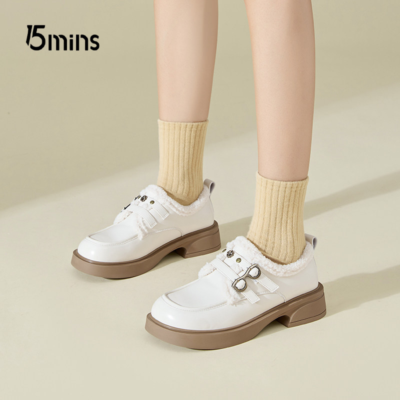 15mins粗跟深口单鞋女小个子棉鞋