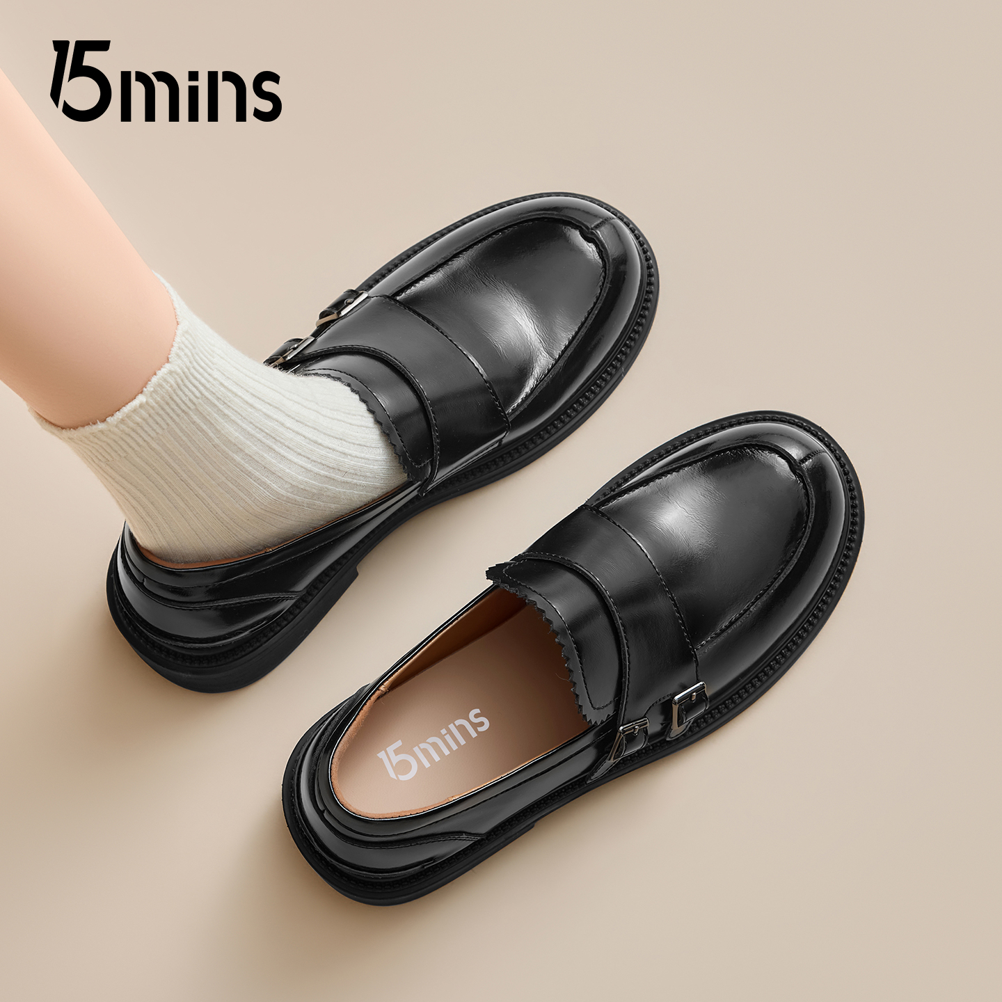 15mins英伦风黑色小皮鞋女鞋新款