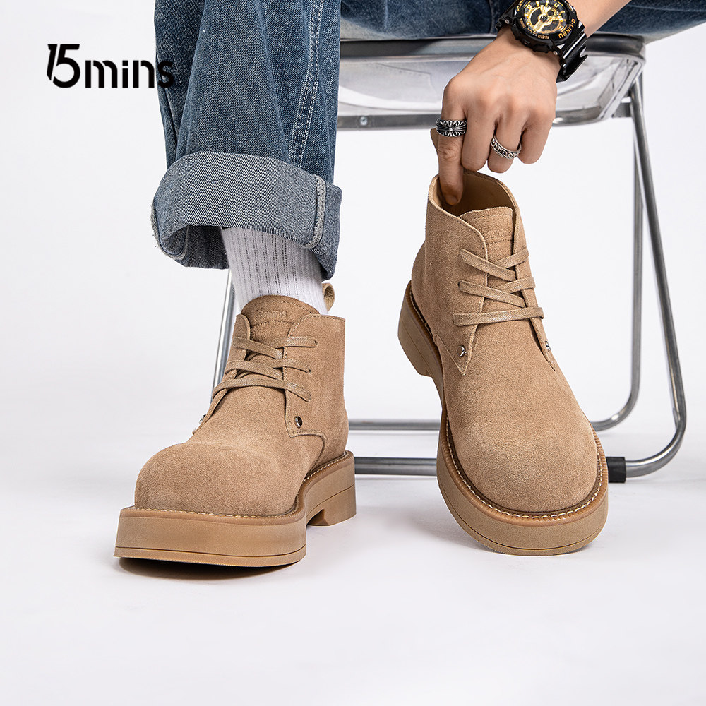 15mins马丁靴男款2026秋冬季新款加绒保暖工装靴厚底增高耐磨短靴