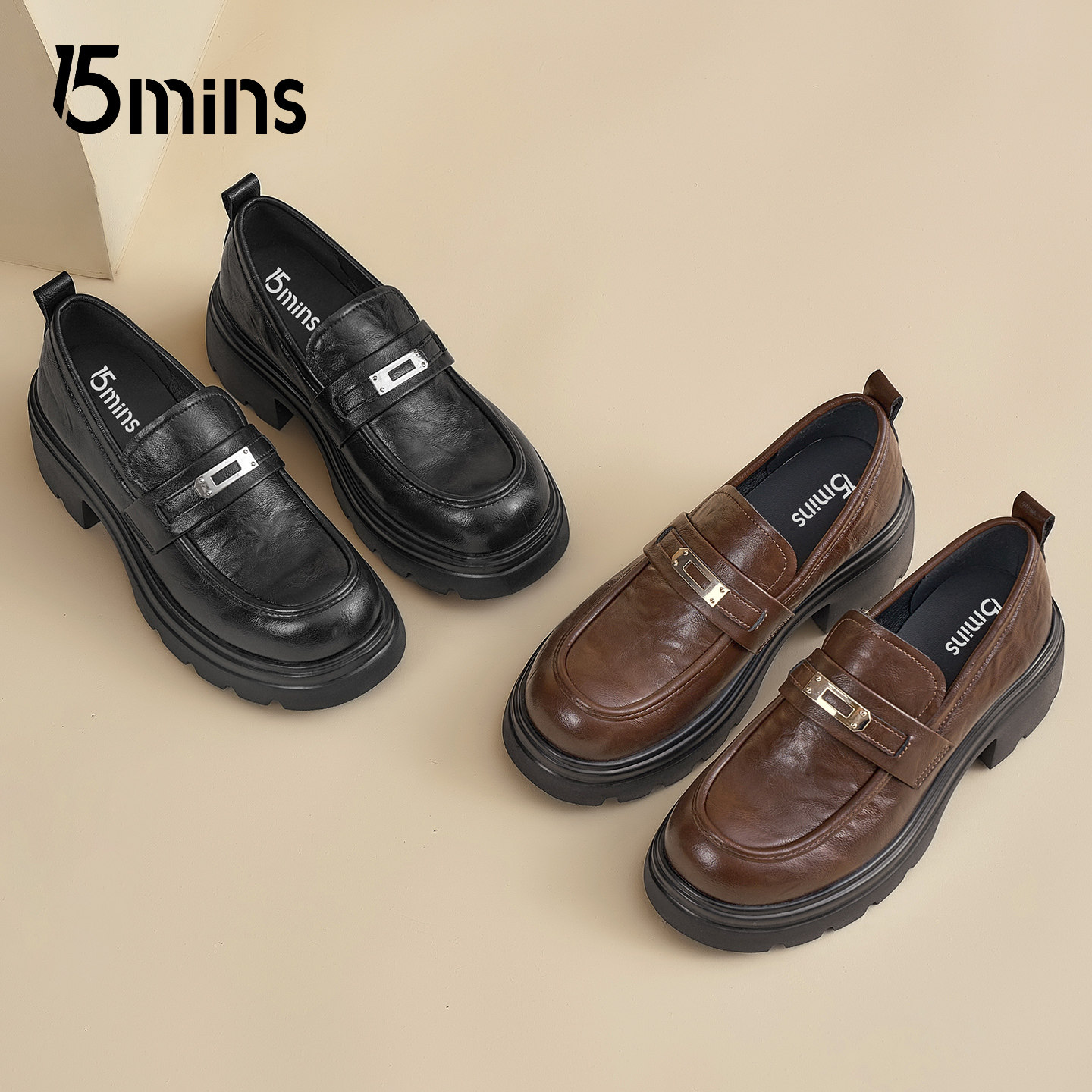 15mins老钱风厚底乐福鞋女2026秋冬新款时尚英伦风百搭圆头小皮鞋
