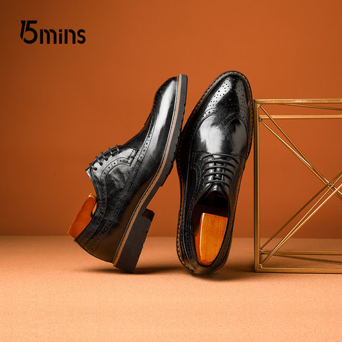 15mins男鞋秋季结婚新郎鞋男士羊皮布洛克德比鞋真皮商务正装皮鞋