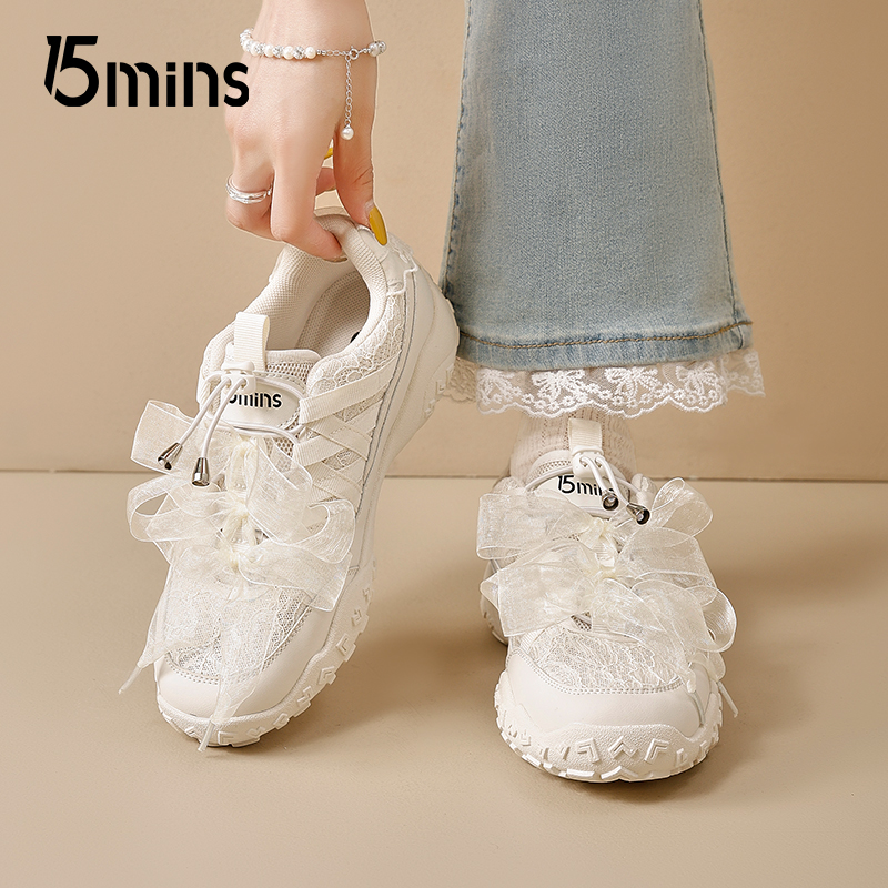 15mins粉色蕾丝德训鞋女2025夏季新款网面透气增高爆款芭蕾运动鞋