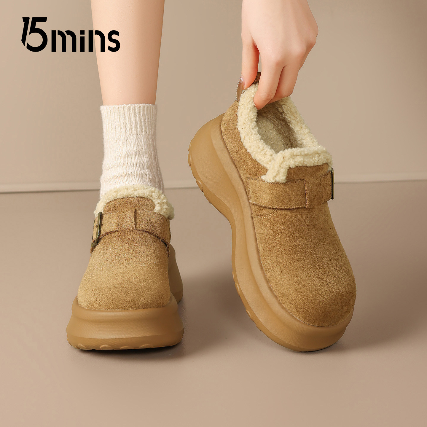 15mins厚底加绒勃肯鞋女2025新款冬季保暖舒适百搭毛绒鞋雪地棉鞋,女鞋,勃肯鞋/软木鞋,淘宝优惠券,粉丝福利购,淘宝优惠卷