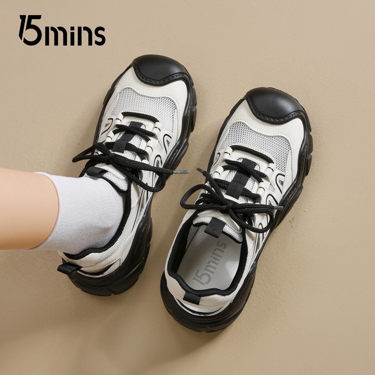 15mins厚底老爹鞋女2026新款春季网面透气运动凉鞋百搭户外溯溪鞋