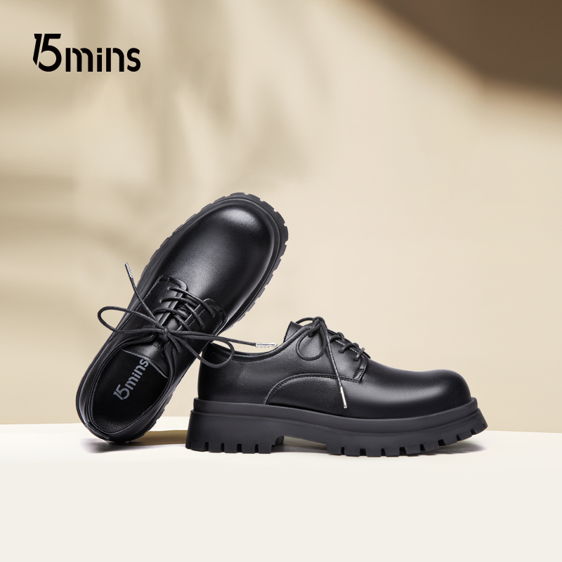 15mins男鞋2025男士春季新款通勤厚底增高英伦风休闲青年大头皮鞋