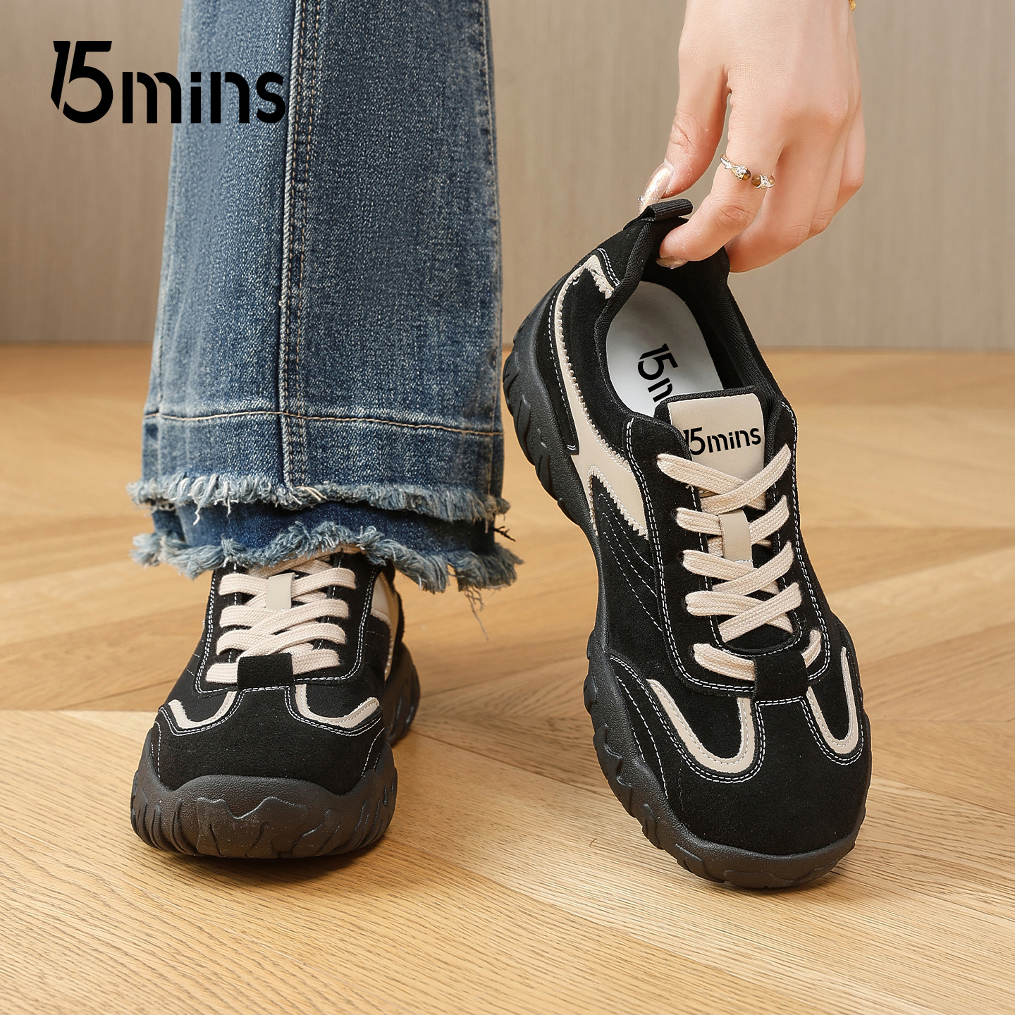 15mins黑色百搭德训鞋女2025秋季