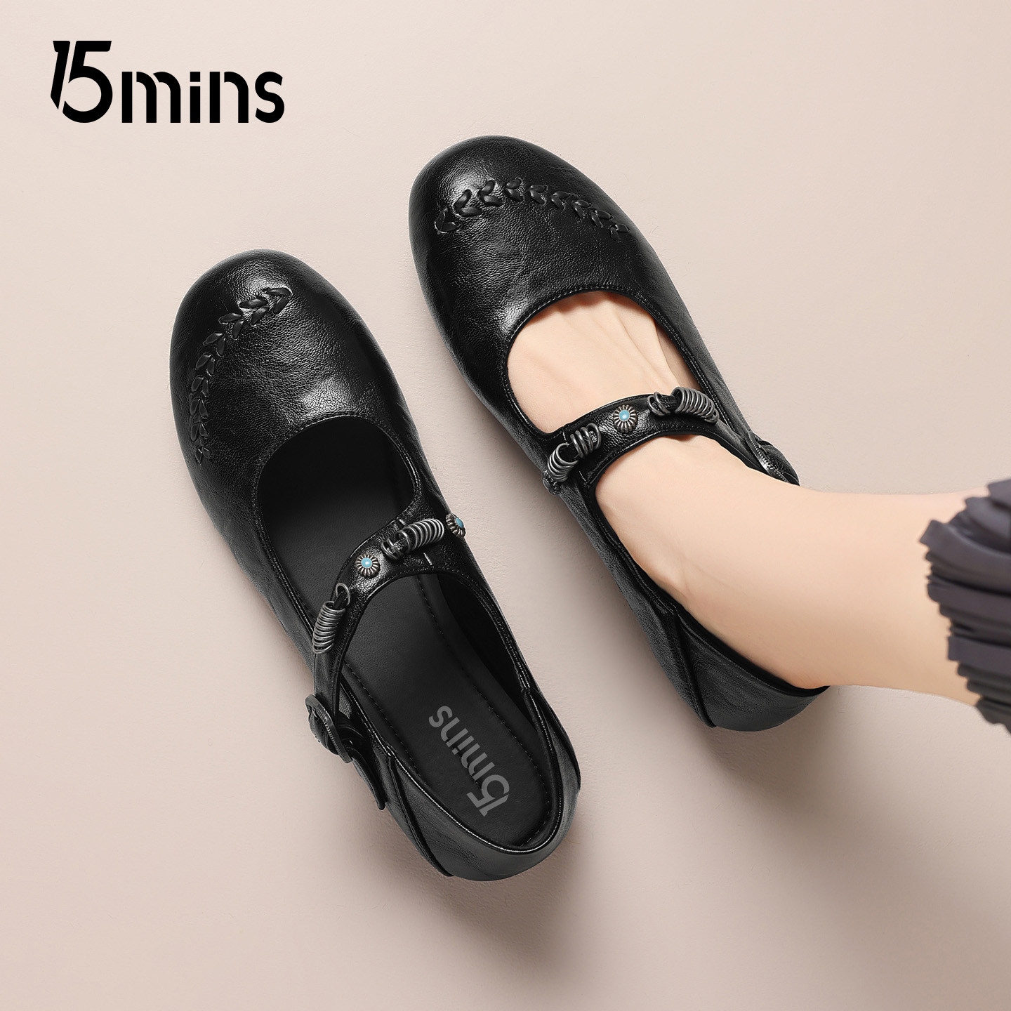 15mins黑色玛丽珍女2026春夏新款法式复古平底百搭小皮鞋浅口单鞋,女鞋,玛丽珍鞋,淘宝优惠券,粉丝福利购,淘宝优惠卷