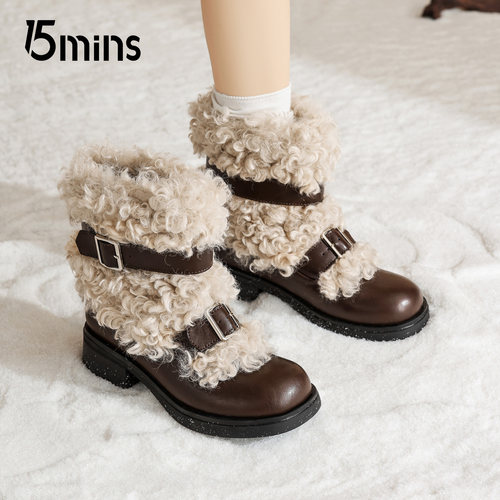 15mins加绒厚底粗跟女雪地靴