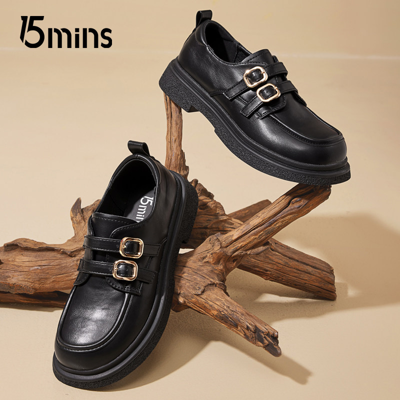 15mins黑色乐福鞋女款2025新款春季英伦风厚底搭扣小皮鞋通勤单鞋,女鞋,乐福鞋（豆豆鞋）,淘宝优惠券,粉丝福利购,淘宝优惠卷