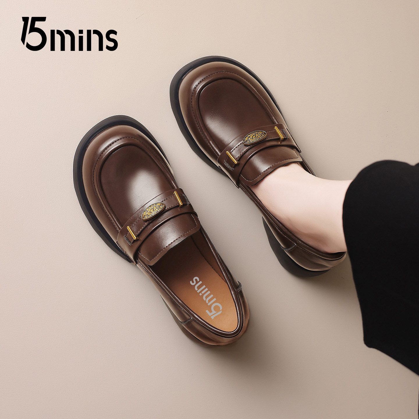 15mins棕色厚底乐福鞋女2026秋冬新款英伦一脚蹬小皮鞋老钱风单鞋