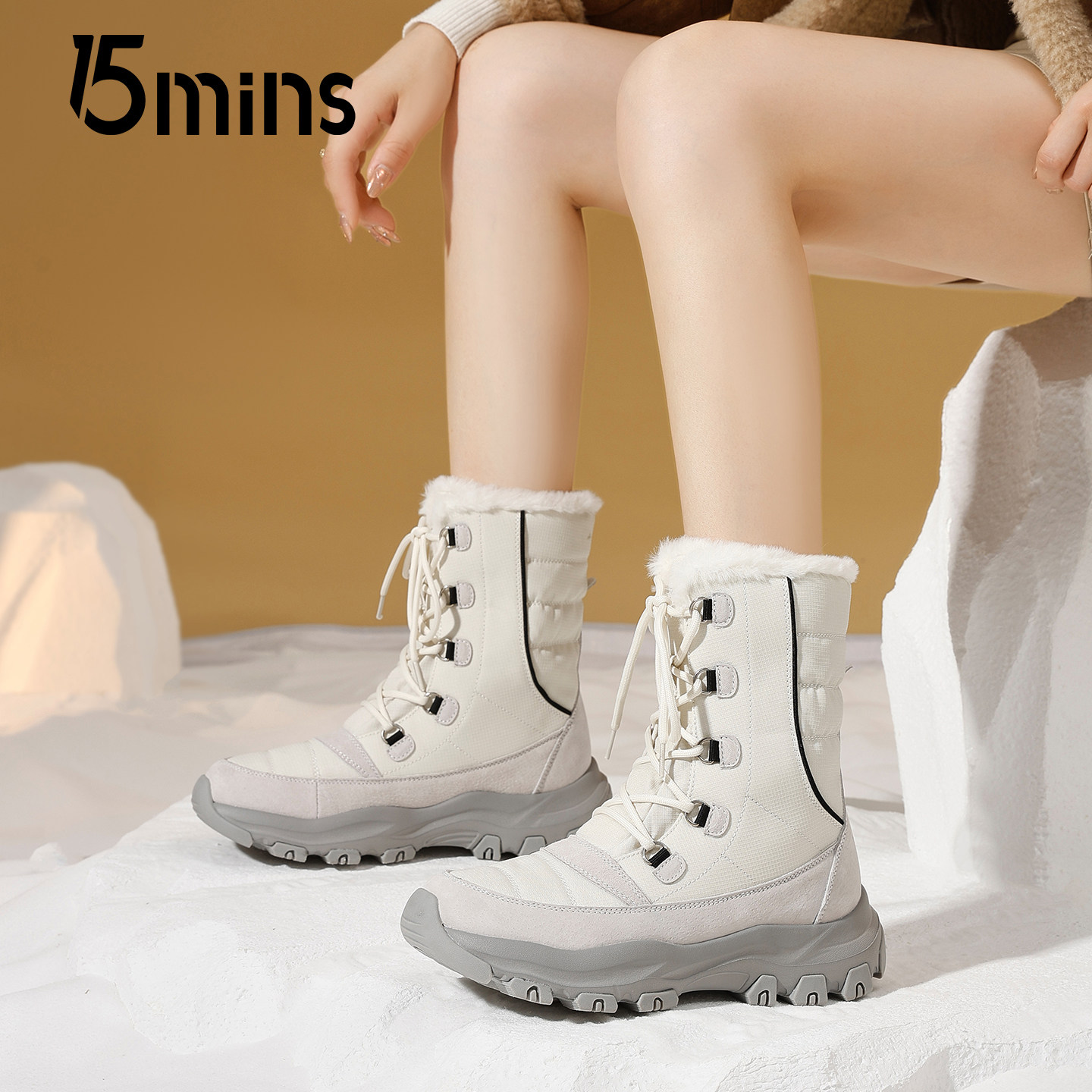 15mins厚底雪地靴子女2025新款冬季加绒保暖棉靴中筒户外加厚棉鞋,女鞋,时尚雪地靴,淘宝优惠券,粉丝福利购,淘宝优惠卷