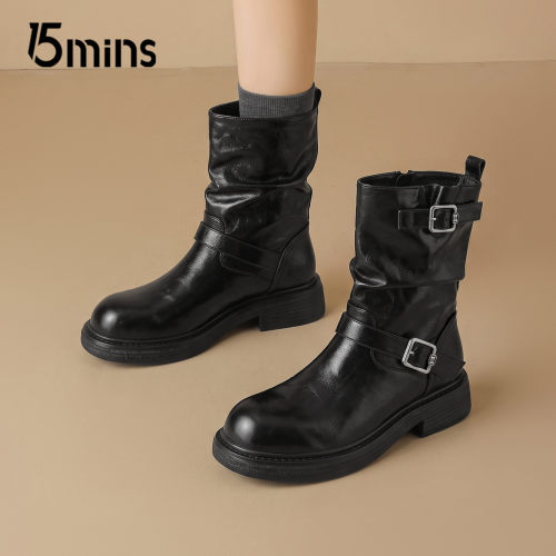 15mins加绒厚底粗跟西部短靴女