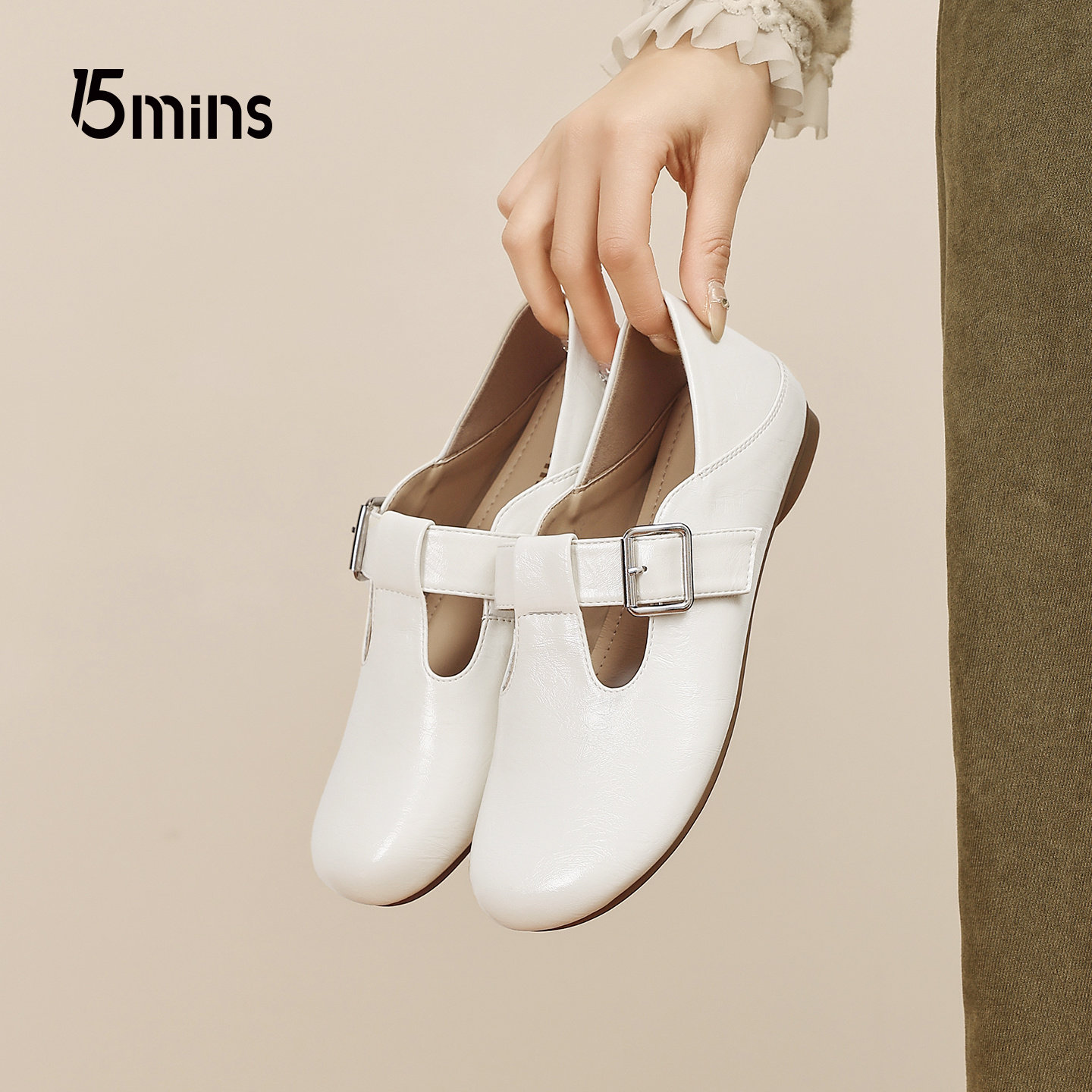 15mins韩版白色乐福鞋女2026春季新款一字扣温柔风百搭厚底小皮鞋