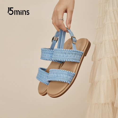 15mins蓝色编织凉鞋女夏季凉鞋