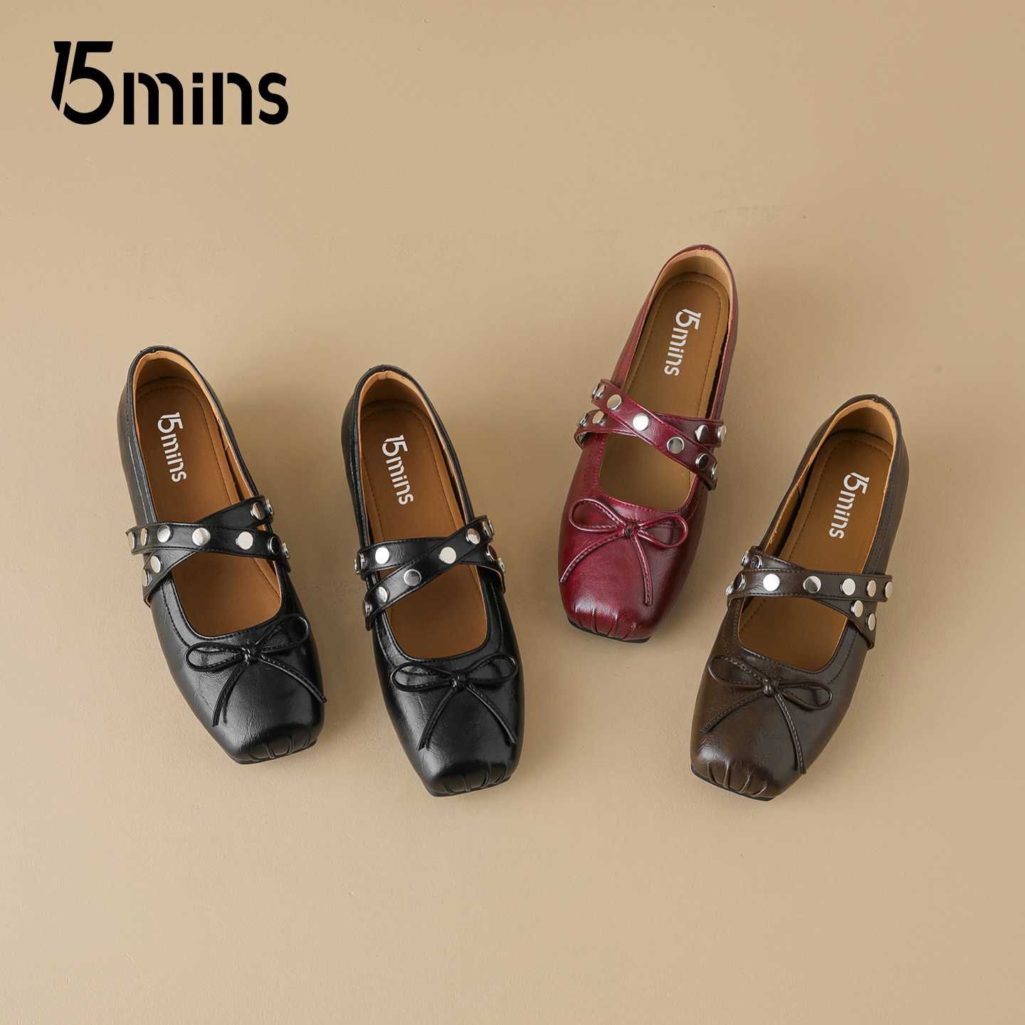 15mins铆钉玛丽珍鞋女2025