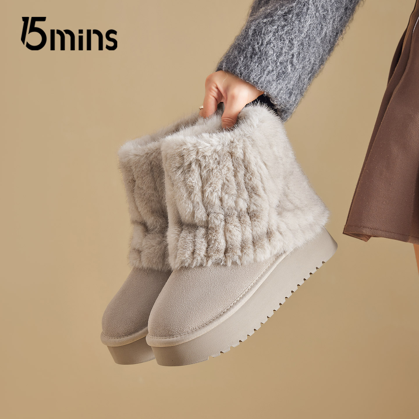 15mins厚底雪地靴女2025冬新款