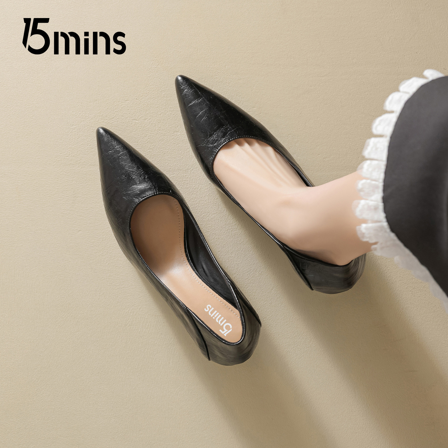 15mins黑色百搭尖头高跟鞋女