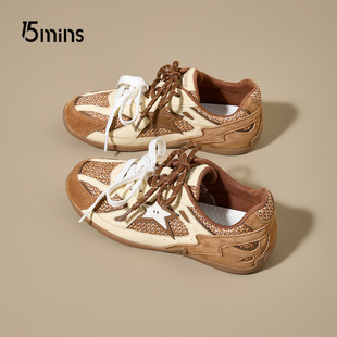 15mins复古风德训鞋女2026新款春季软底休闲运动鞋棕色系带板鞋子