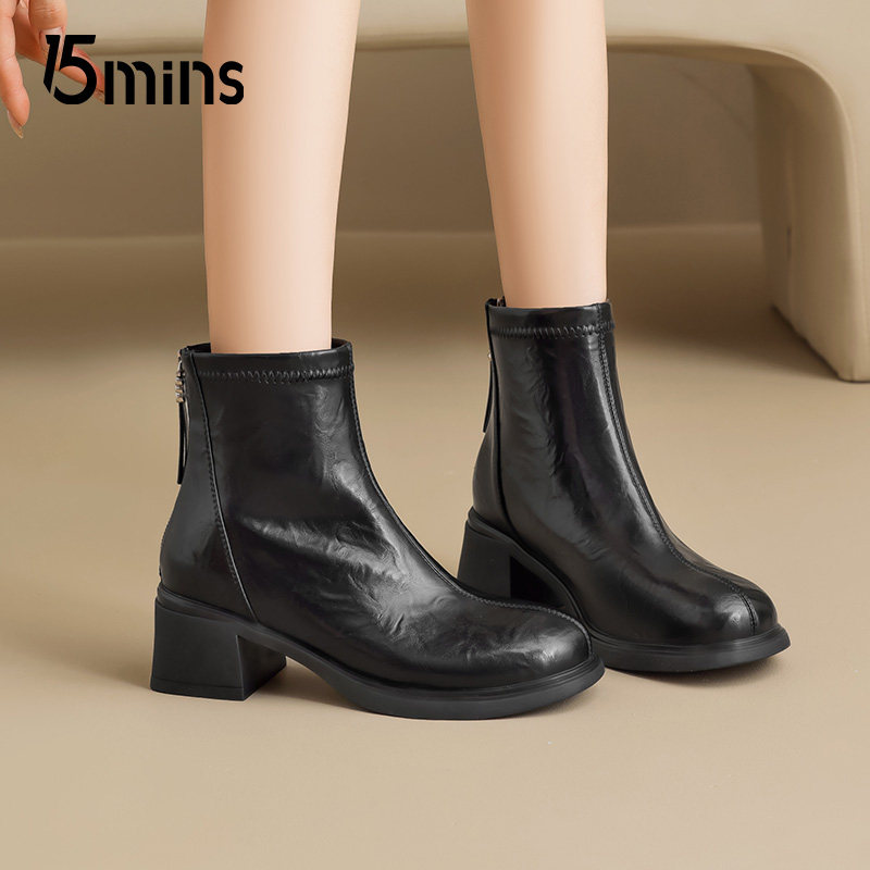 15mins黑色马丁靴女款2026新款春秋季粗跟切尔西短靴英伦风瘦瘦靴