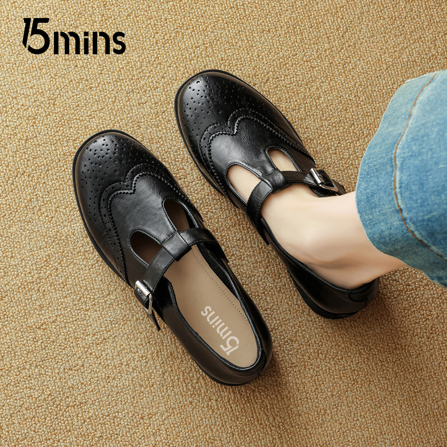 15mins英伦风玛丽珍鞋女2026春季新款黑色雕花T字带复古平底单鞋,女鞋,深口单鞋,淘宝优惠券,粉丝福利购,淘宝优惠卷