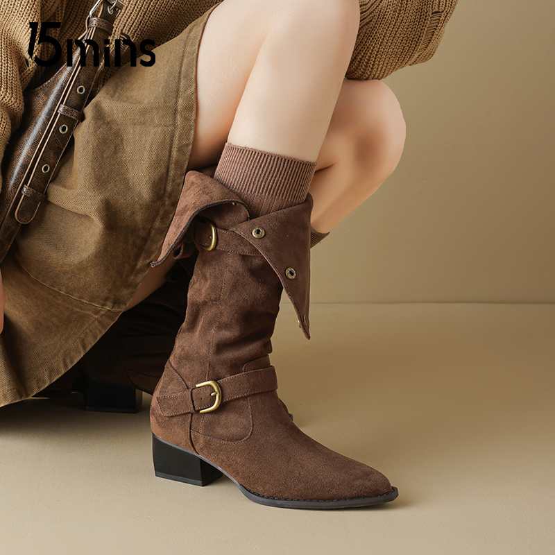 15mins棕色长筒靴美拉德骑士靴