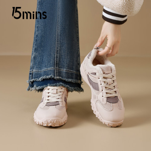 15mins紫色加绒德训鞋女2026冬