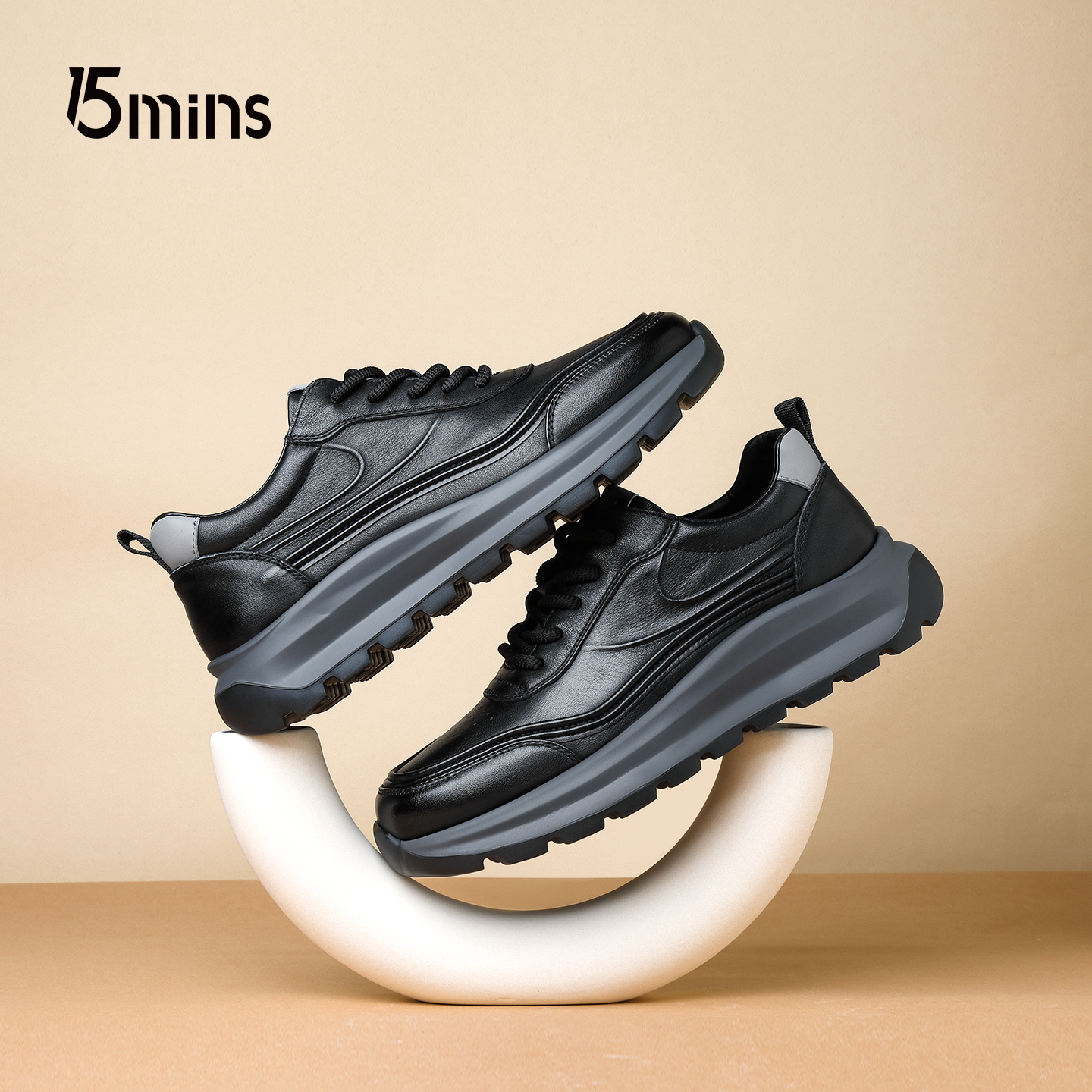 15mins头层牛皮男鞋秋季新款男士真皮厚底休闲皮鞋透气运动户外鞋