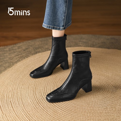 15mins方头增高时装短靴女马丁靴