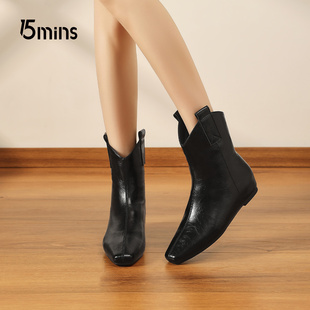 15mins黑色内增高短靴女2025新款冬季加绒两穿长靴辣妹方头骑士靴