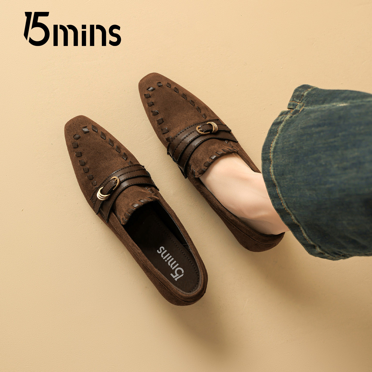 15mins棕色乐福鞋女款2025新款粗跟一脚蹬豆豆鞋复古通勤尖头单鞋,女鞋,乐福鞋（豆豆鞋）,淘宝优惠券,粉丝福利购,淘宝优惠卷