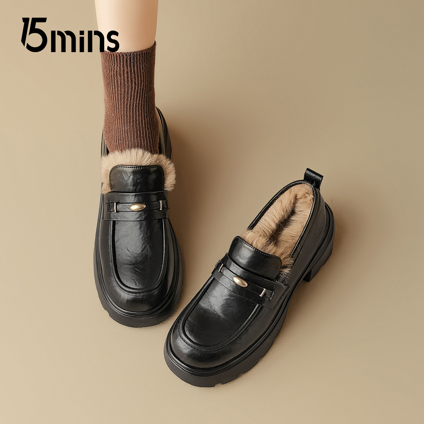 15mins黑色时尚百搭加绒乐福鞋女