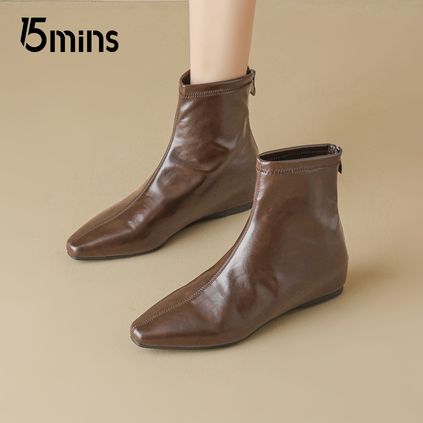15mins棕色尖头短靴女2025秋