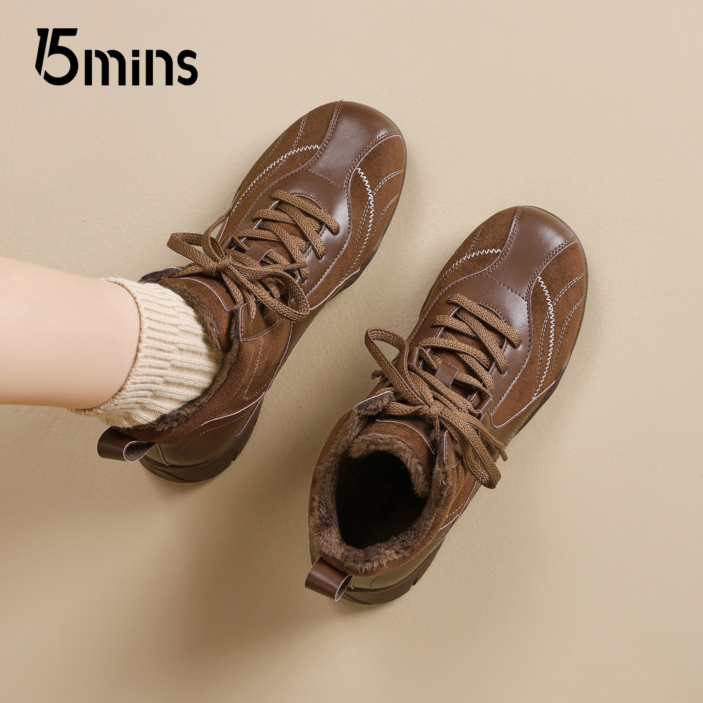 15mins棕色高帮厚底德训鞋女2025新冬季加绒雪地靴百搭休闲运动鞋,女鞋,德训鞋,淘宝优惠券,粉丝福利购,淘宝优惠卷