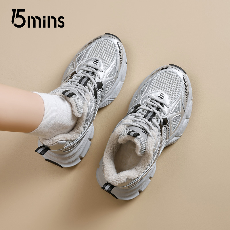 15mins厚底银色老爹鞋女2025新款