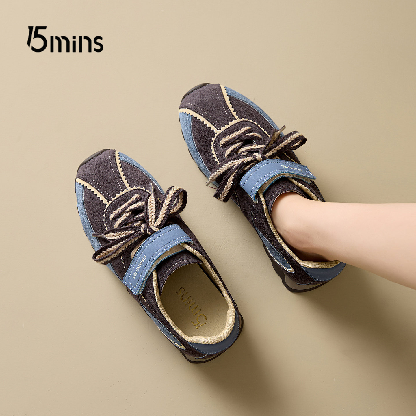 15mins拼色休闲板鞋女2026新款春季复古百搭魔术贴显脚小德训鞋子,女鞋,休闲板鞋,淘宝优惠券,粉丝福利购,淘宝优惠卷