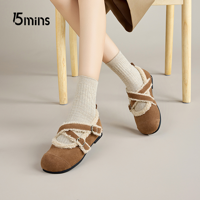 15mins交叉绑带毛绒保暖单鞋女款